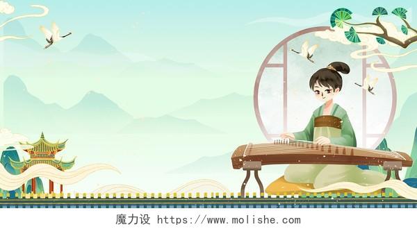 绿色国潮中国风古筝展板背景
